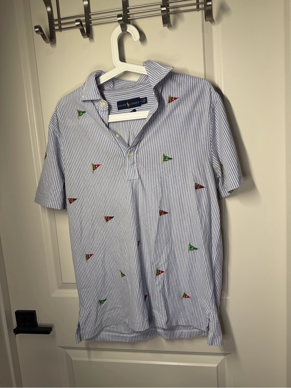 Ralph Lauren Light Blue & White Striped Polo with Embroidered Nautical Pennants